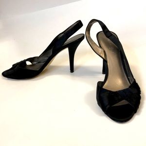 Nine West 8 Black Satin Heels open toe sling back Excellent Condition